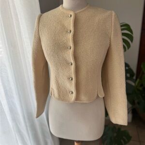 Vintage‎ 100% Wool Blazer Jacket Chic Beige Button-Up Cardigan